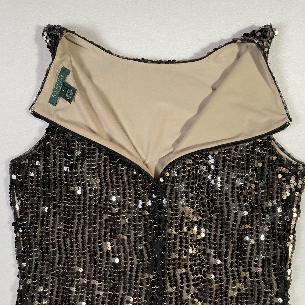 Lauren Ralph Sequins Evening Cocktail Dress Sleeveless Black Tan Gold Size 8 - Picture 9 of 16